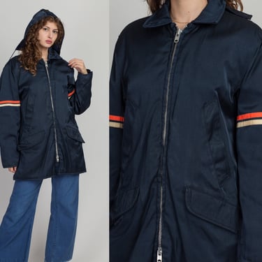 60s Golden Fleece Navy Blue Workwear Jacket - Men's Medium, Size 42 | Vintage Striped Zip Up Hooded Winter Coat 