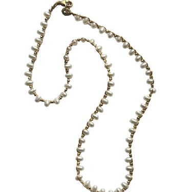 Danielle Welmond |  Woven Taupe Cord with Gold Pyrite and White Pearl Seeds Necklace