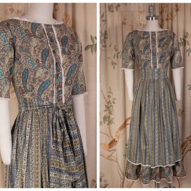 1970s Dress  - Angela of Londontown Vintage 70s Two Piece Paisley and Calico Striped Cottagecore Day Dress 