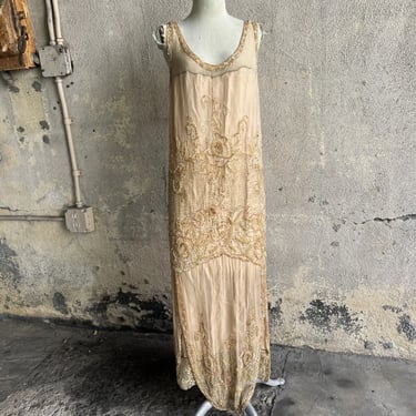Antique 1920s Gold Silk Chiffon Heavily Beaded & Sequined Dress Max Cohen VTG