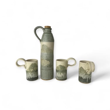 vintage Folk Art Stone Wear Pottery, 4 Piece Serving Set 