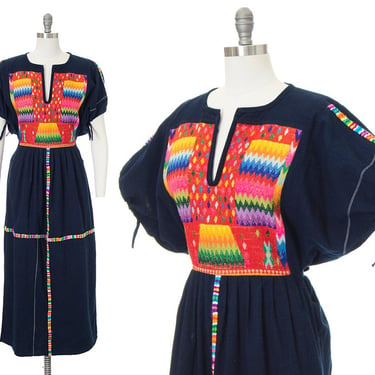 Vintage 1970s Maxi Dress | 70s Rainbow Embroidered Guatemalan Huipil Navy Blue Cotton Puff Sleeve Tie Waist Boho Dress (large) 