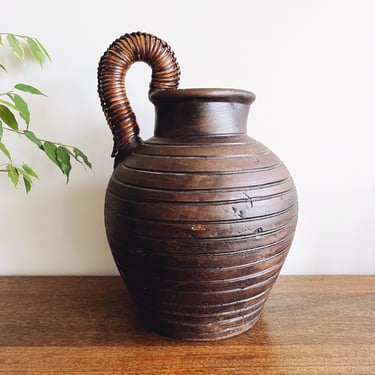 Vintage Wooden Pitcher with Rattan Handle - Made in the Philippines 