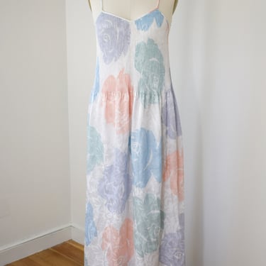 Vintage 1980s Mary McFadden Maxi Slip Dress | S | 1980s/1990s Silk Satin Pleated Long Slip Dress | Nightgown | Pastel Floral Print 