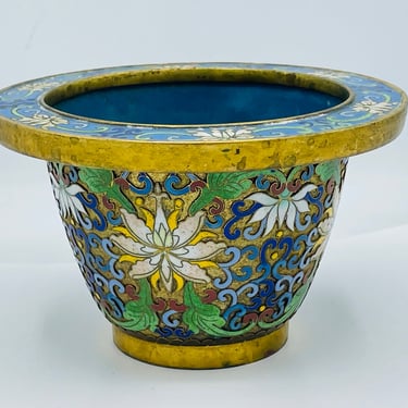 Vintage Brass Champlevé / Cloisonné Bowl  Gold with Floral Design from   China- 6 1/8