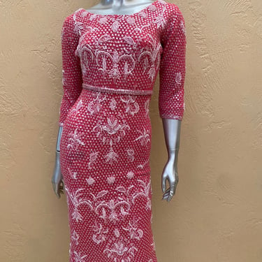 Vintage Dress Gene Shelly Boutique Pink Sequin Beaded Knit Fitted Wool Small 