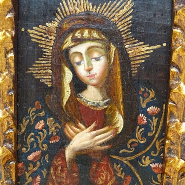 Original Cuzco Oil Painting on Canvas, Madonna Retablo, Saint Mary, Vintage Religious Peru Folk Art, GIlt Wooden Frame 