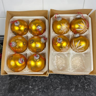 Vintage Gold Hand Painted Mica Glitter Hand Blown Ornaments, West Germany Christmas Tree Ornaments, May Department Stores 1/2 Dozen, Stars 