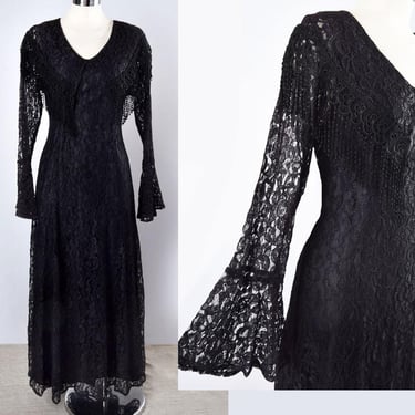 Vintage Black Lace Long Maxi Dress, 1980's Goth Flared Bell Sleeves Tie Back MEDIUM Grunge Evening Party Gown Dress 