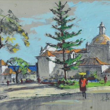 1969 Frank Beatty Pastel Gouache Painting Church in Albuferia Portugal 
