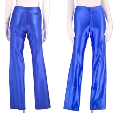 70s blue disco pants S, vintage 1970s original spandex Michi Fredericks pants, shiny skin tight leggings size 4-6 1980s 