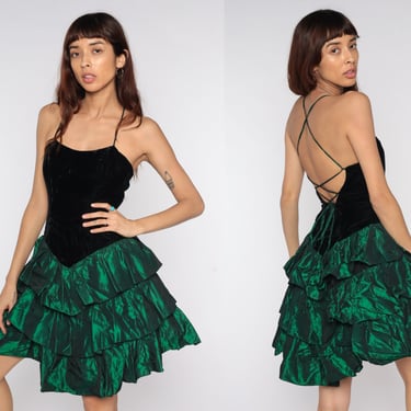 Velvet Taffeta Dress Party 80s Mini Sweetheart Neckline Cocktail Criss Cross Green Black Vintage 1980s Going Out Dress Formal Tiered Small 