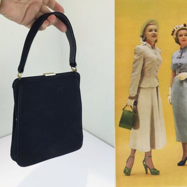 Stylish Ladies of '48 - Vintage 1940s 1950s Michel of Coronet Navy Blue Suede Leather Tall Slender Handbag Purse 