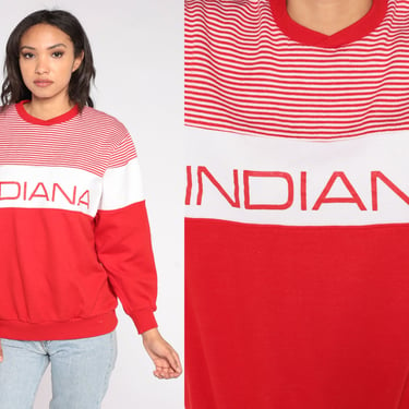 Indiana Sweatshirt 80s Striped University Shirt Red White Graphic College Sweater IN Hoosiers Slouchy Crewneck Retro Vintage 1980s Large L 