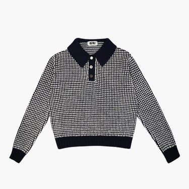 Mismatch polo sweater, navy & ivory striped