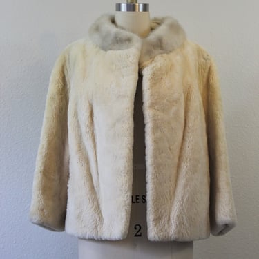 50s Coat / Vintage 1950s Ivory Sheared Beaver Silver Mink Fur Collar Crop evening clutch Coat // pinup girl // US 4 6 8 10 small medium 