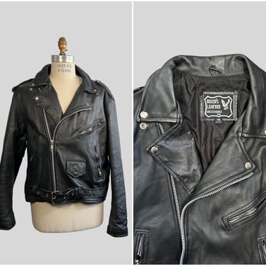 BIKER ESSENTIAL Vintage 80s/90s Black Leather Jacket | 1980s/1990s Biker's Leather Accessories Inc Jacket | Moto Biker Rocker | Mens Size XL 