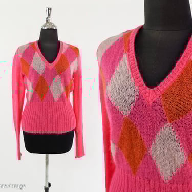 1980s Bright Pink Mohair Sweater | 80s Pink Argyle V Neck Pullover | Sisley | Medium 