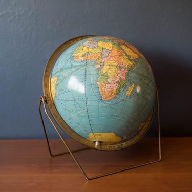 Mid Century Modern Desktop Scholastic World Globe on Brass Stand 