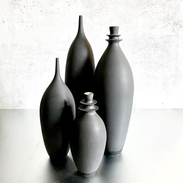 SHIPS NOW- Seconds Sale- Set of 4 Handmade Ceramic Stoneware Bottle Vases in Dramatic Slate Black Matte by Sara Paloma Pottery . minimalist 