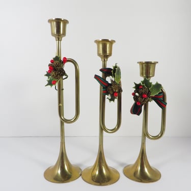 Vintage Set of 3 Brass Bugle Holiday Candle Holders - Graduated Set of Christmas Brass Candlestick Holders 