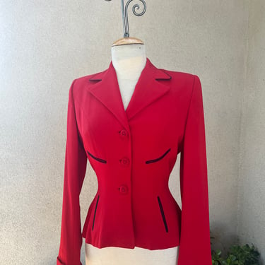 Vintage 1950s blazer jacket peplum style red wool black piping Sz S Solmar Inc 
