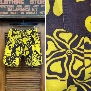 Vintage 1960’s w30 Black x Yellow Mod Tiki Pop Art Cotton Psychedelic Op Art Shorts, 60’s Vintage Clothing 