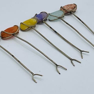 Set of 6 Silver VTG Cocktail/Bar/Olive Picks Polished Semi-precious Stones Wire Wrapped 