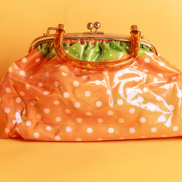 60s Orange Polka Dot Strawberry Vinyl Frame Novelty Bag Vintage Lucite Top Handle Gold Big Purse with Matching Scarf 