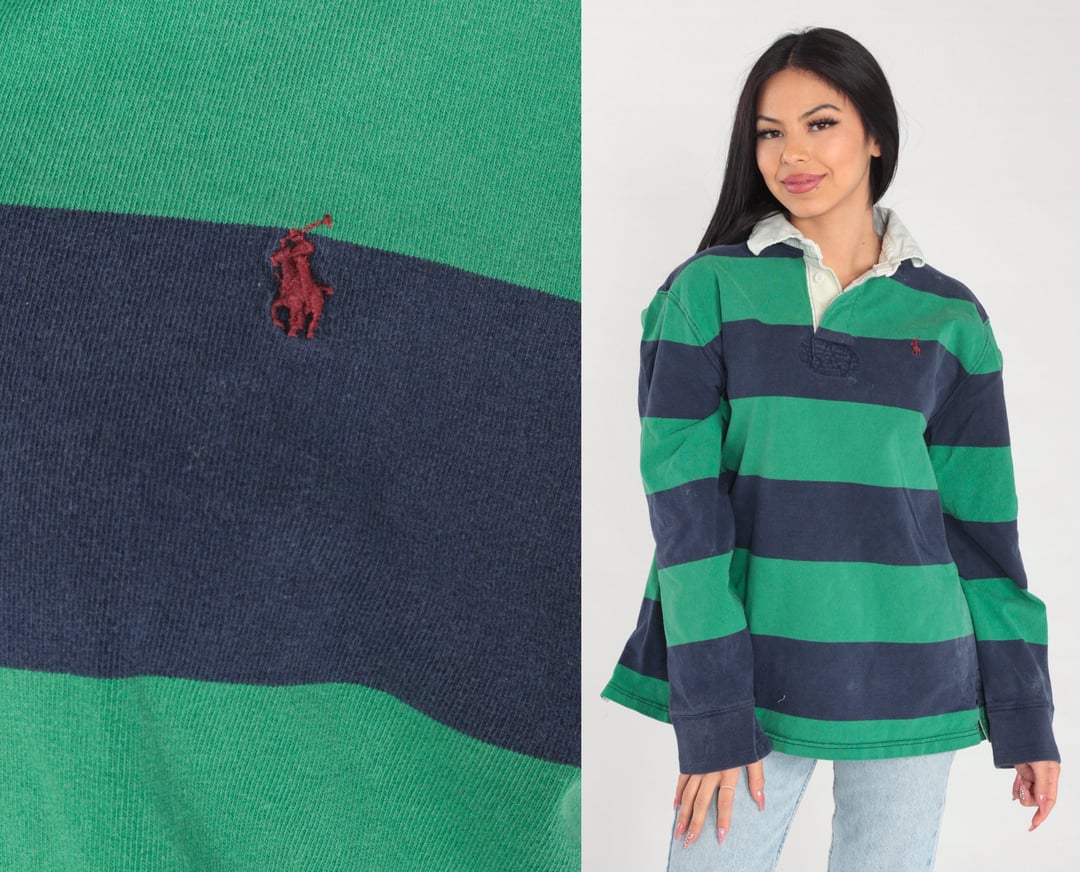 Ralph Lauren Shirt 90s Rugby Shirt Striped Long Sleeve Green