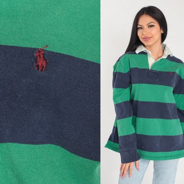 Ralph Lauren Shirt 90s Rugby Shirt Striped Long Sleeve Green Blue Polo Preppy Collared Pullover Retro Streetwear RLP Vintage 1990s Mens XL 