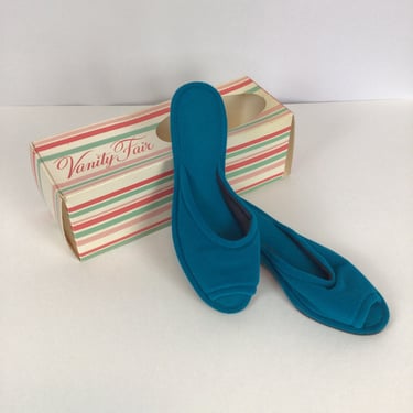 Vintage 70s Slippers | Vintage turquoise velour slip on house shoes | 1970s deadstock Vanity Fair slippers 