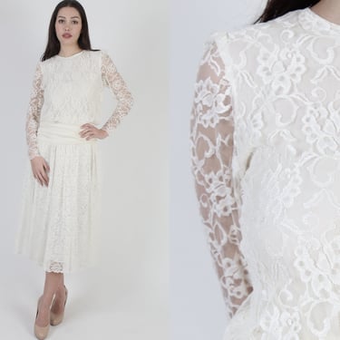 Vintage 80s Plain Off White All Over Lace Deco Style Wedding Dress 