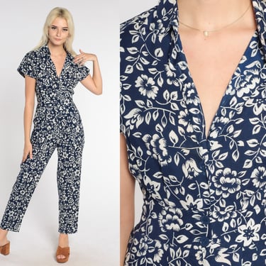 Floral Jumpsuit 90s Navy Blue Tapered Pantsuit V Neck Retro Flower High Waisted Button Up Romper Pants Short Sleeve Vintage 1990s Small S 4 