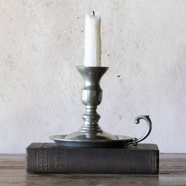 Vintage Pewter Chamberstick, Colonial Style Pewter Candle Holder 