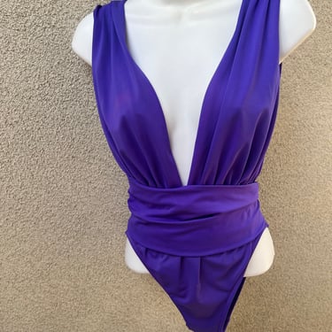 Vintage 80s swimsuit purple one piece plunging neckline Sz Xs/S by Anne Klein Swimwear 