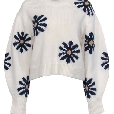 Sandro - Ivory w/ Navy Floral Pattern Wool Blend Sweater Sz L