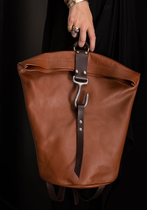 Cognac Hook and Loop Leather Backpack