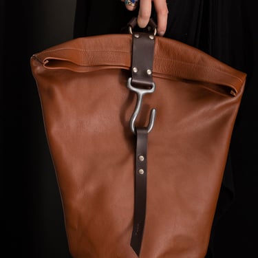 Cognac Hook and Loop Leather Backpack