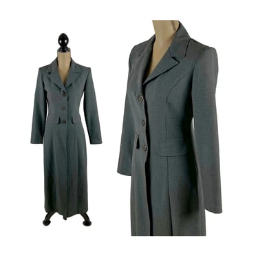 90s Lightweight Long Coat, Maxi Duster Fitted Gray Edwardian Style Riding Jacket Small, 1990s Clothes for Women, Vintage BREAKIN LOOSE 