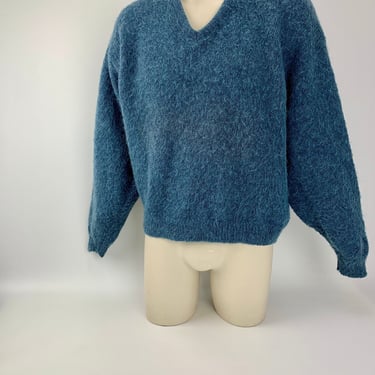 1950's-60's Furry Mohair V-Neck - Pullover Sweater - WALKER Label - Dreamy Blue Mohair - Men's Boxy Large 