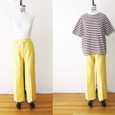Vintage 70s Trouser Pants S 26 - 1970s Sunny Yellow High Waist Polyester  Trouser Pants 