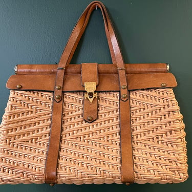 wicker basket purse vintage 1970's XL leather / wicker weave tote 