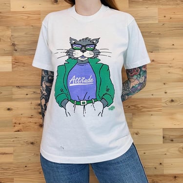 Vintage 90's Cat Attitude Funny Retro Graphic Tee Shirt T-Shirt 