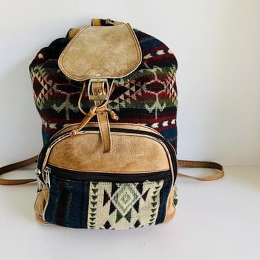 Vintage Southwestern Tribal Print Distressed Genuine Leather Drawstring Sling Backpack 