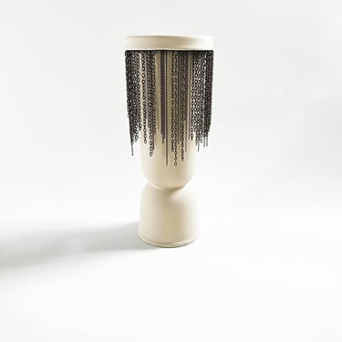 Tall Cylinder Brass Chain Fringe on Cream Ceramic Vase, modern Vase, Brass chains fringe, bowl, ceramic 