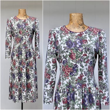 Vintage 1980s Lanz Cottagecore Dress, Floral Drop-Waist Cotton Jersey Midi Dress, New Romantic Style, 36