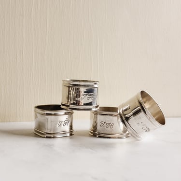 set of 4 antique french monogrammed silver plate napkin rings