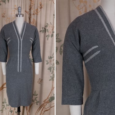 1950s Dress - Rare 50s Chic Grey Wool Dorothy O'Hara Curve Hugging Day Dress with Stripe Accents 