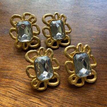 Vintage Gold Metal Buttons with Large Rhinestone Set of 4 Abstract Large Buttons 